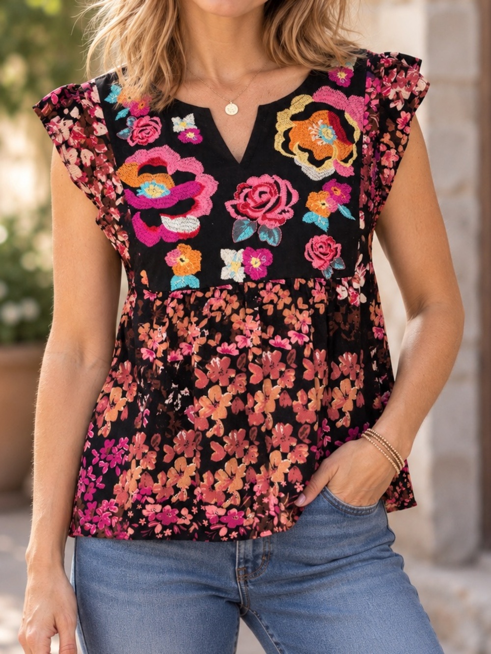Savanna Jane S Boho Floral Embroidered Babydoll Top Eclectic Cottagecore Folk